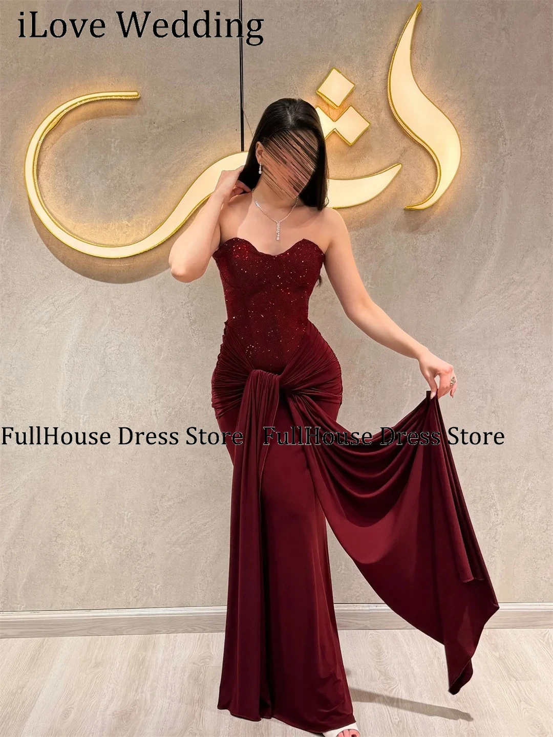 

Shiny Evening Dresses Woman Elegant Dress Luxury Women's Evening Dresses Customized Burgundy Ball Gown Dress Sleeveless