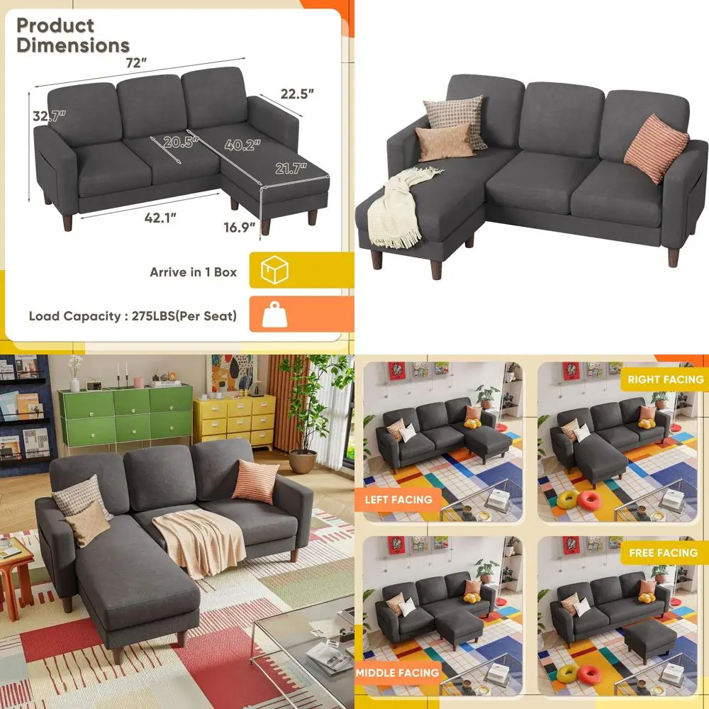 

Компактный серый угловой диван с трансформируемым шезлонгом и пуфом для комфортных жилых пространств