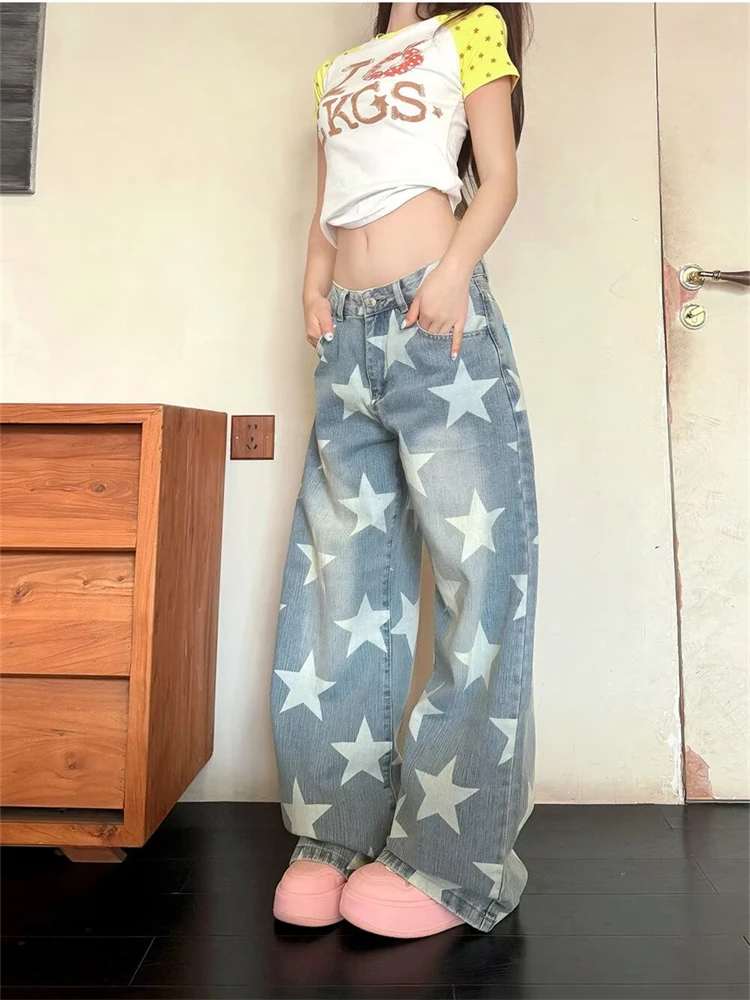 Women's Star Patterned Printed Jeans Cool Girl Bottoms Wide Leg Sweatpants Retro Street Blue Casual Pant Female High Waist Pants