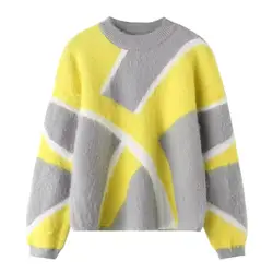 Women Yellow Spliced Gray Sweaters Autumn Winter O-neck Knitted Pullovers