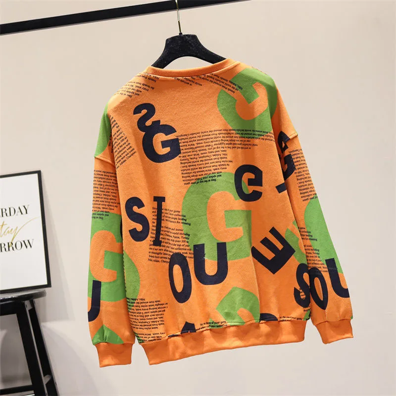 New Autumn Fashion Korean Edition Printed Round Neck Thin Loose Versatile Reducing Age and Slim Long Sleeve Casual Sweater