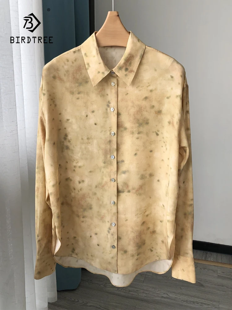 

BirdTree 18MM 100%Real Silk Shirt, Women Sand Wash Lapel Print, Elegant Printed Blouses, 2024 Spring Loose Gentle Top T41606QC