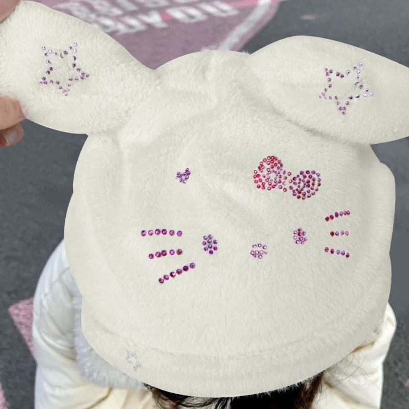 New Sanrio Hello Kitty Pink Diamond Women's Soft Cute Fluffy Hat Rabbit Ears Design Fashion Accessories Winter Hat Headgear Gift