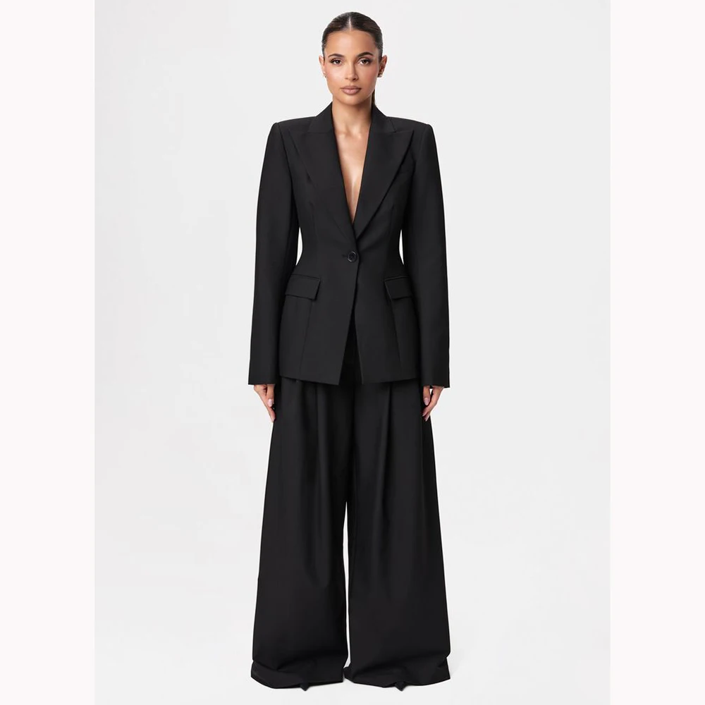 Black Women Suit Single-grain Buckle Peaked Lapel Two Pieces(Jacket+Pants) For Formal Occasions Business Office Lady Set Custom