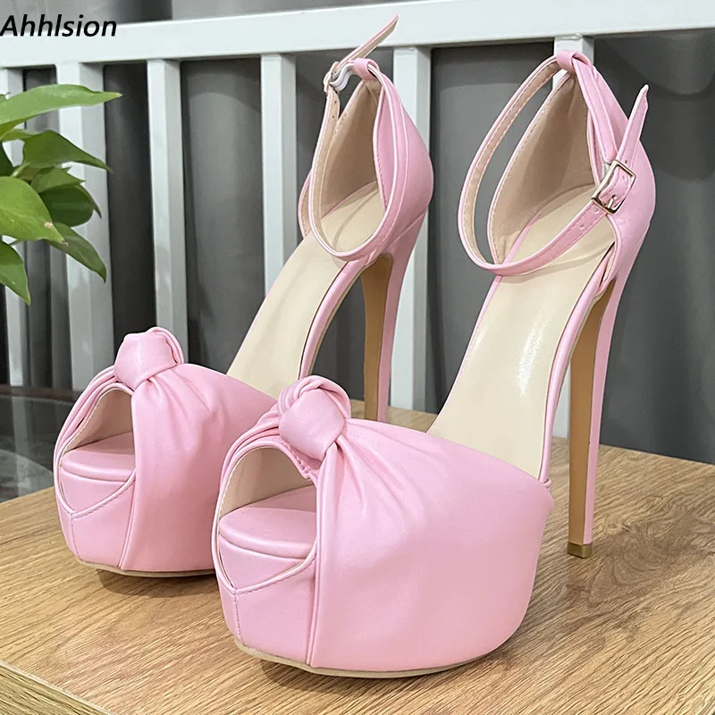 Ahhlsion Real Pictures Women Summer Sandals Sexy Stiletto Heels Peep Toe Pretty Pink Party Shoes Ladies US Plus Size 5-20