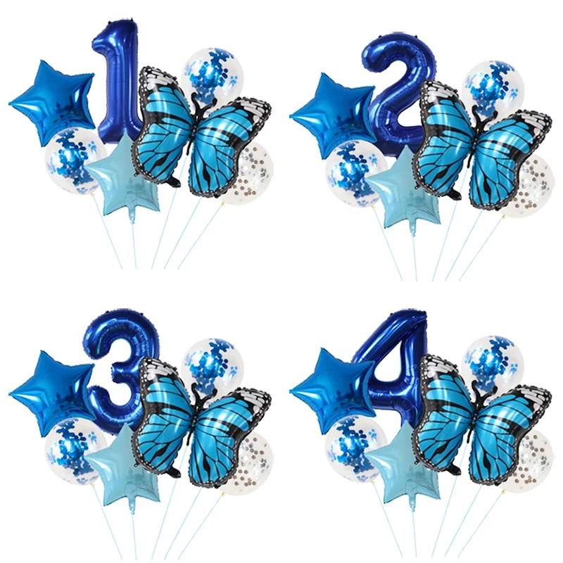 7Pcs Blue Butterfly Digital Balloons Set 30Inch Number Bow Air Globos Boys Girl\'s Birthday Party Home Decorations Kids Toys Gift