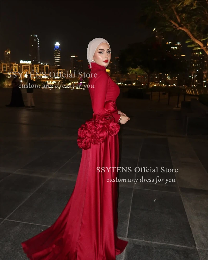 SSYTENS 럭셔리 레드 롱 이브닝 드레스 3D 꽃 케이프 사우디 아라비아 댄스 파티 드레스 공식 행사 댄스 파티 드레스 여성 맞춤형