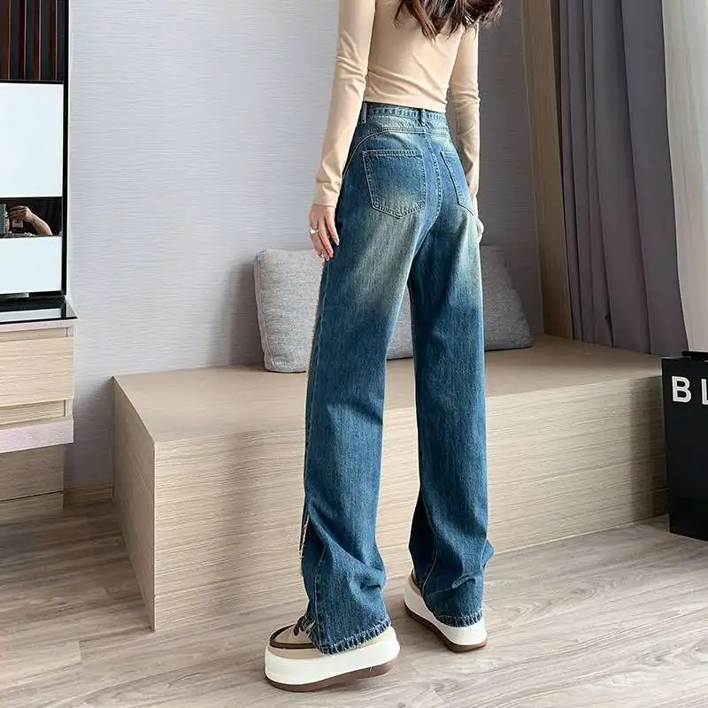 

Vintage High Waist Loose Wide Leg Straight Rouge Jeans Women's Cleanfit Sle Mid-aged plus Size Medium Elastic PU Fabric