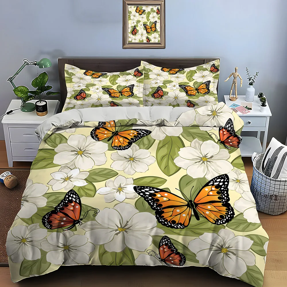 Orange Butterflies and Camellia Bedding Set for Kids Luxury Gift 3pcs Digital Print Comforter Set Soft Comfortable Breathable