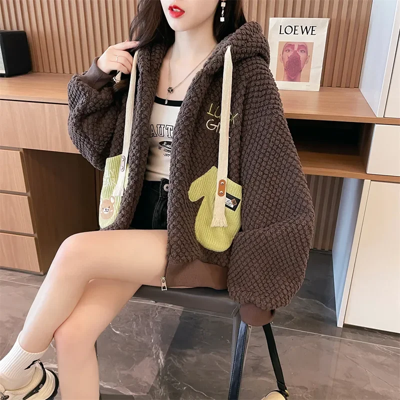 Double-sided Sherpa Jacket for Women in Autumn Winter Plus Velvet New Style Warm and Stylish Loose Cardigan Versatile Casual Top
