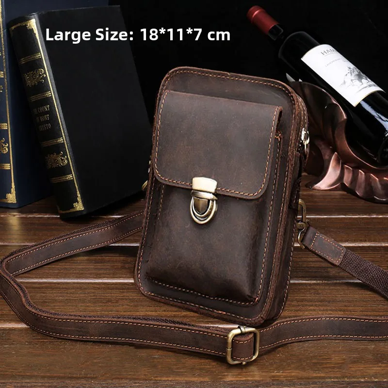 Handmade Leather Fanny Pack Men's Hanging Bag Vintage Crazy  Leather Casual Crossbody Phone Bag for Young Men