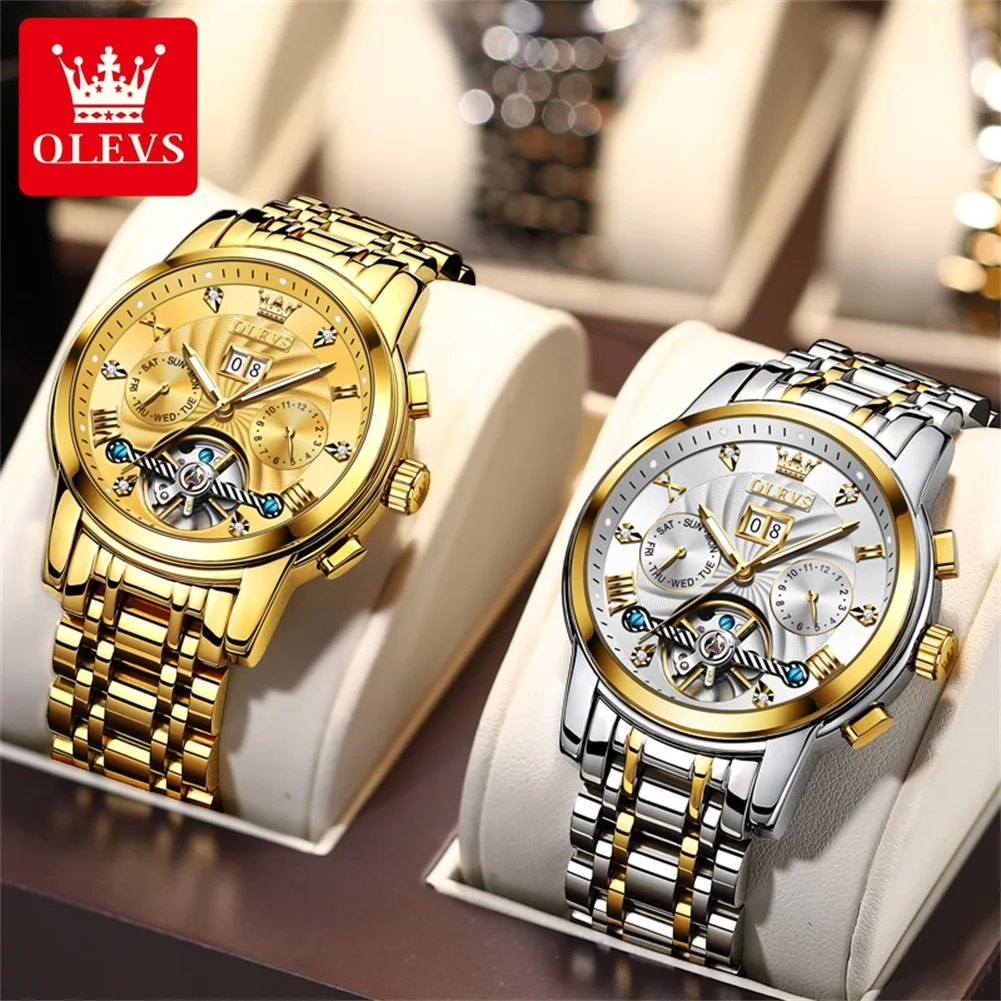 OLEVS 9910 Tourbillon relojes para hombre calendario Dual resistente al agua de acero inoxidable luminoso reloj mecánico automático de lujo para