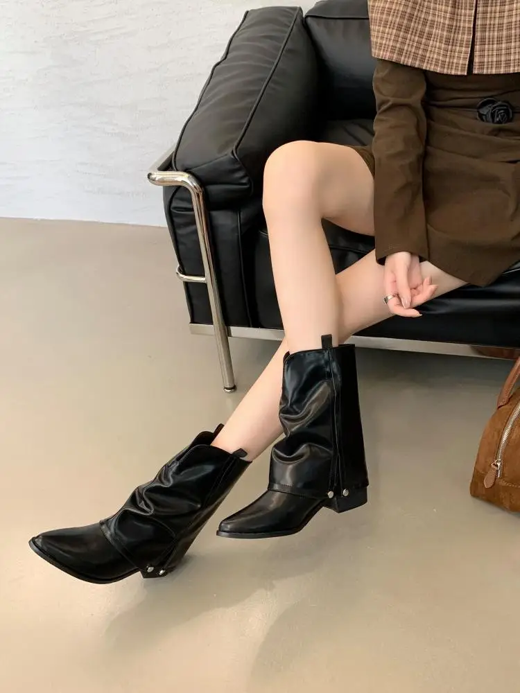 Botines Casuales de Cuero Sintético con Punta Fina y Dobladillo para Mujer, Botas Vaqueras Cortas de Estilo Cowboy Vintage con Tacón Medio Bloque, Calzado Retro Cómodo de Media Caña sin Cordones para Primavera Otoño