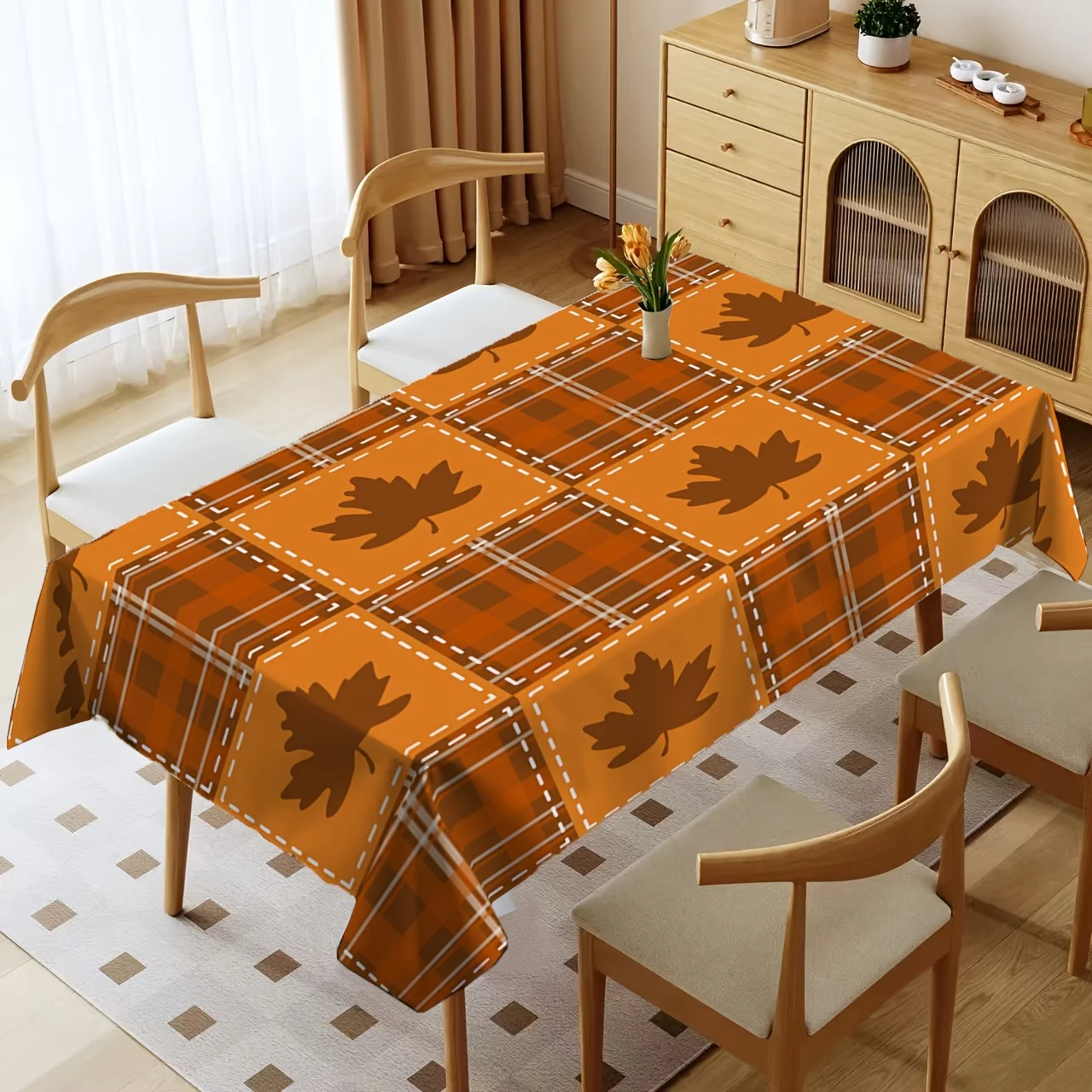 1pc  Autumn Maple Leaf Plaid Tablecloth Warm Fall Orange Checkered Table Cover for Dining Kitchen Party Decor