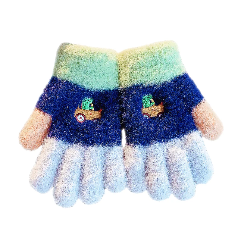 6-10Y Kids Full Finger Winter Gloves Cute Cartoon Dino Embroidery Fuzzy Plush Warm Gloves Children Outdoor Coldproof Mittens
