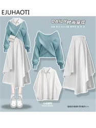 プレッピー-女の子のための甘い風スーツ,韓国のファッションセーター,スリーピースのスカートセット,エレガントな服,送料無料