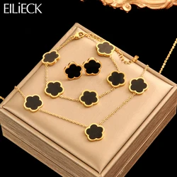 EILIECK 316L Stainless Steel Black Flower Five Clover Necklace Bracelet Earrings 18K Gold Plated Jewelry Set For Women Girl Gift