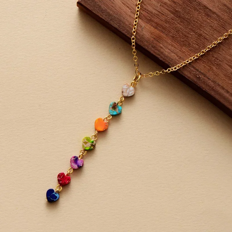 High End Natural Stones 7 Chakra Gold Plated Chain Heart Pendant Chokers Necklaces Minimalist Women Girls Energy Healing Jewelry