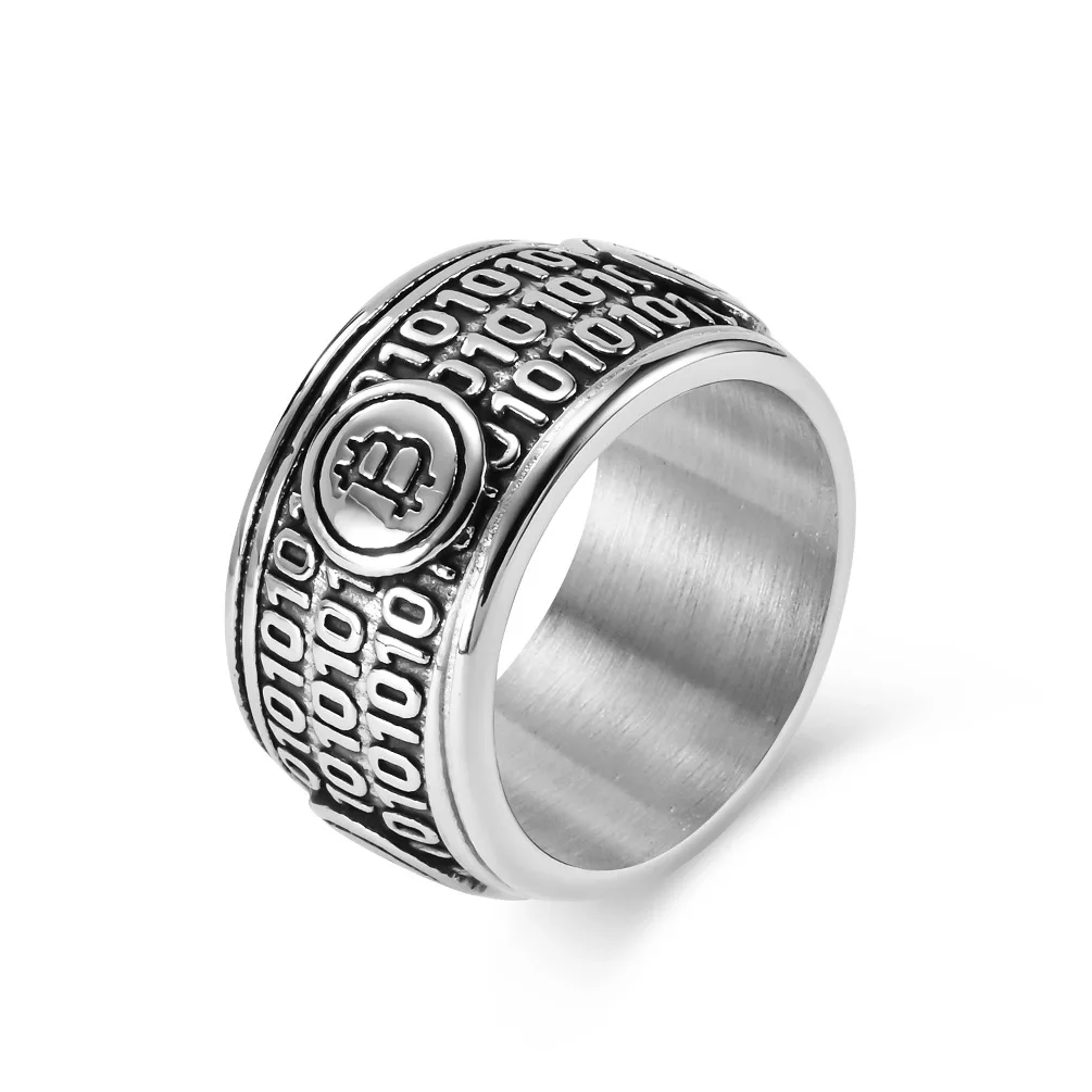 Punk Rock Titanium Steel Binary System Bitcoin Round Finger Rings Men Signet Ring Charm Jewelry Drop Shipping Size 7-12