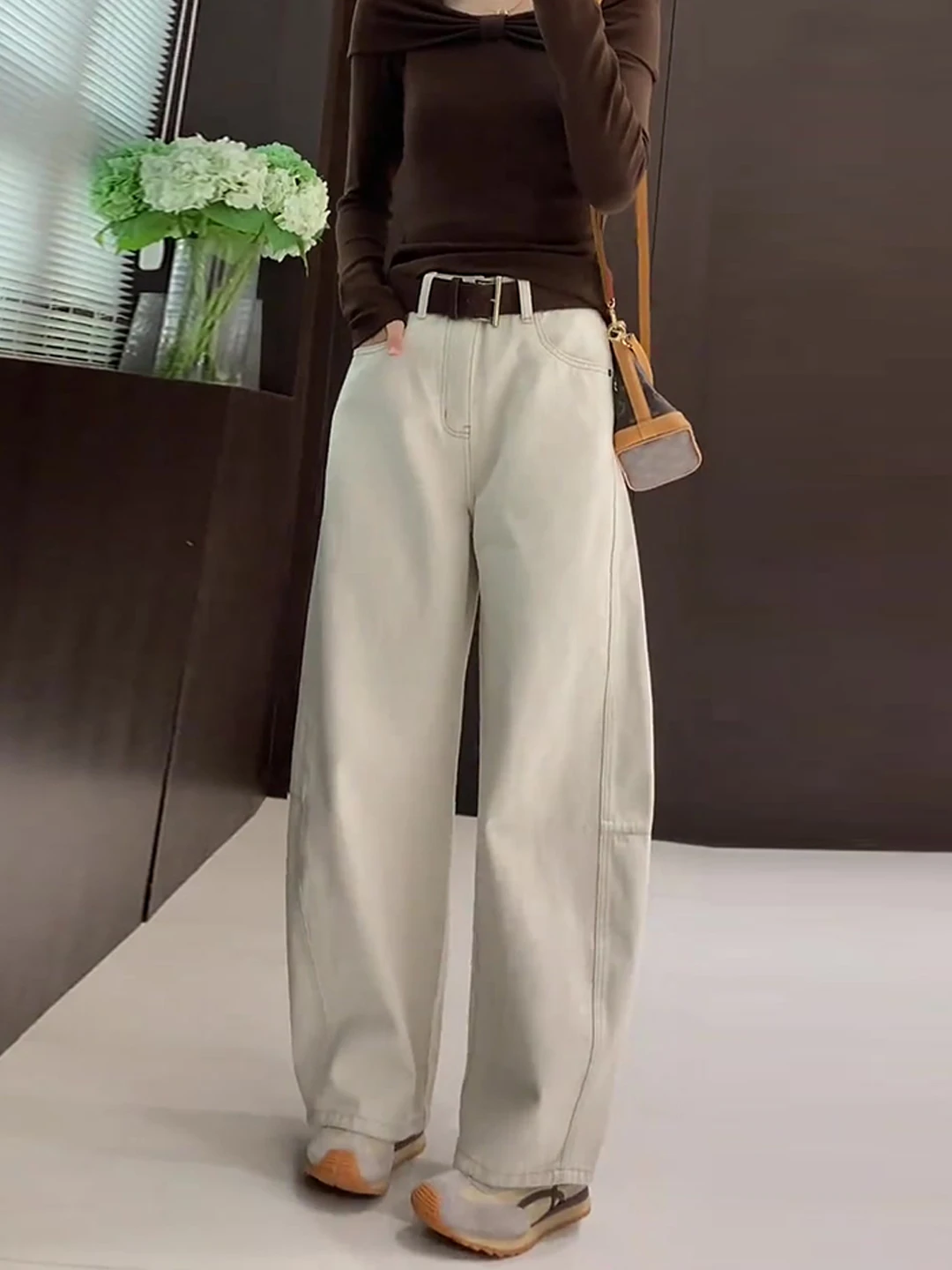 

Khaki Wide Leg Scythe Jeans Women's Casual Sle High Waist Autumn New Loose Slimming Versatile Straight Faionable Casual P...