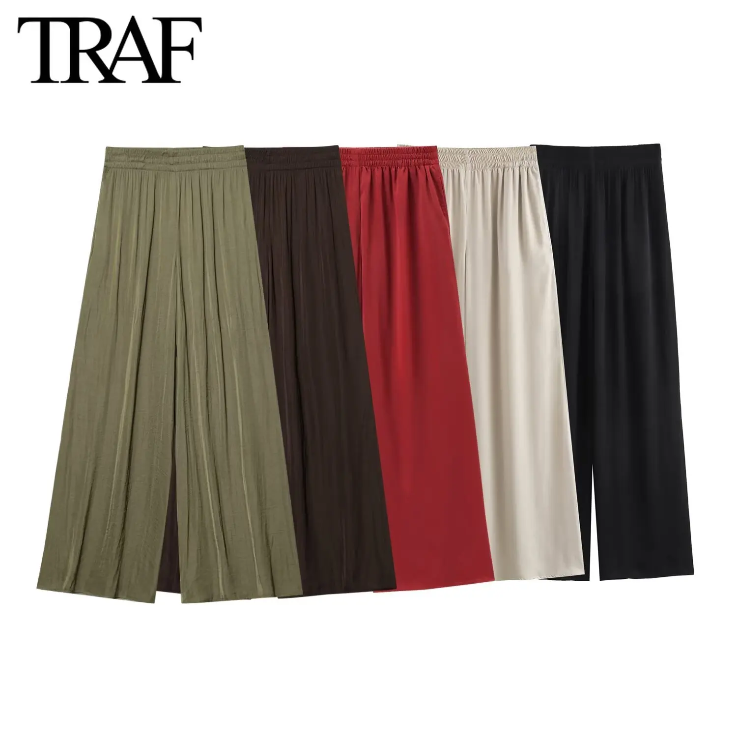 Pantalones TRAF para Mujer moda Primavera otoño nuevo Color sólido doblado Chic Mujer elástico alta cintura pantalones de pierna ancha Mujer