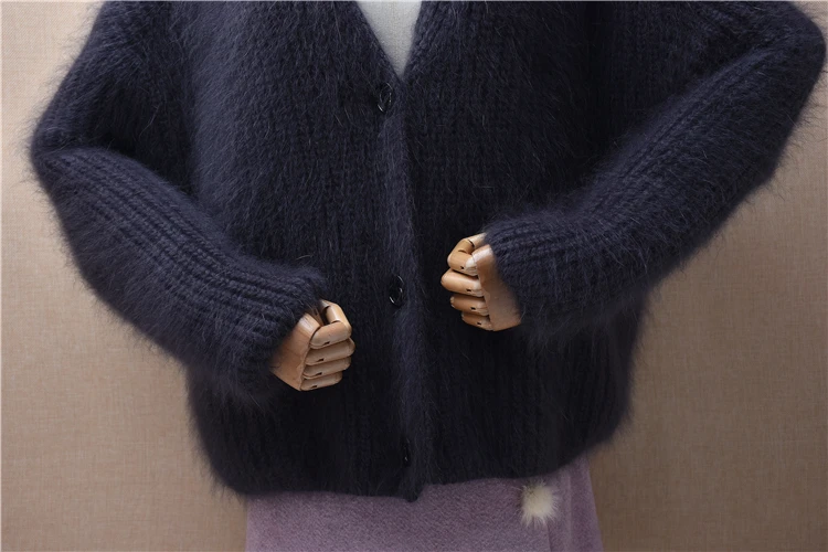 Ladies Women Autumn Winter Clothing Hairy Mink Cashmere Knitted V-Neck Long Sleeves Loose Cardigans Angora Fur Sweater Jacket