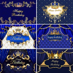 Royal Dark Blue Backdrop Golden Crown Fancy Pattern Background Little Prince Men Birthday Banner Party Navy Blue Birthday Decor