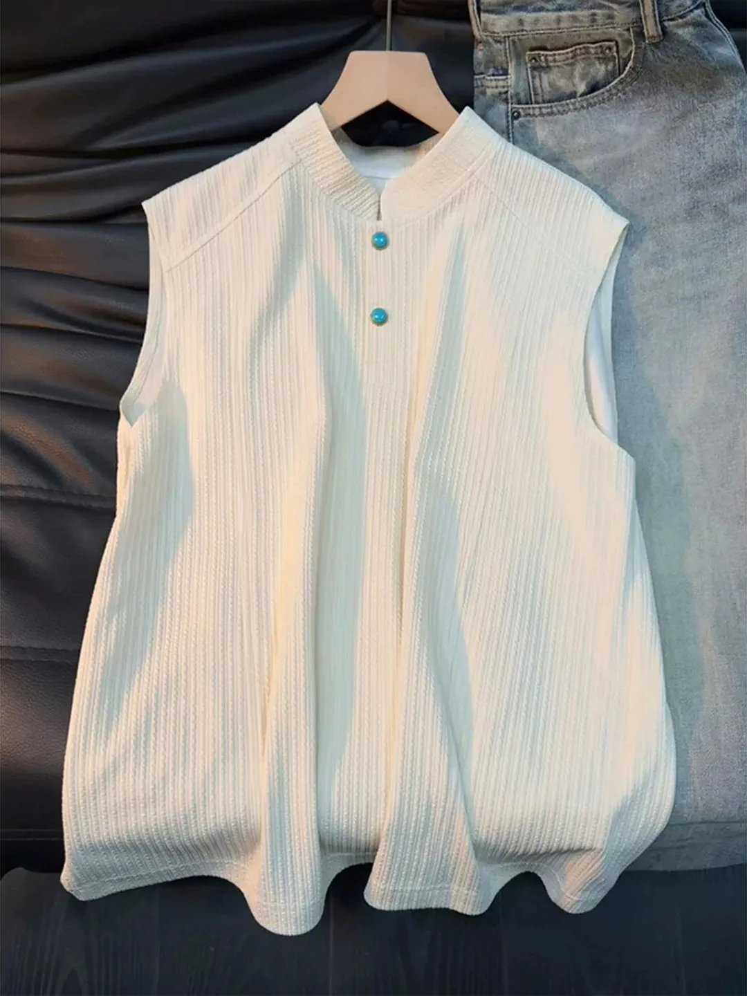 Cleanfit Turquoise Henry Collar Vest Men's Summer Ice Silk Sleeveless T-Shirt Sporty Loose Fit Shoulder Pad Breathable