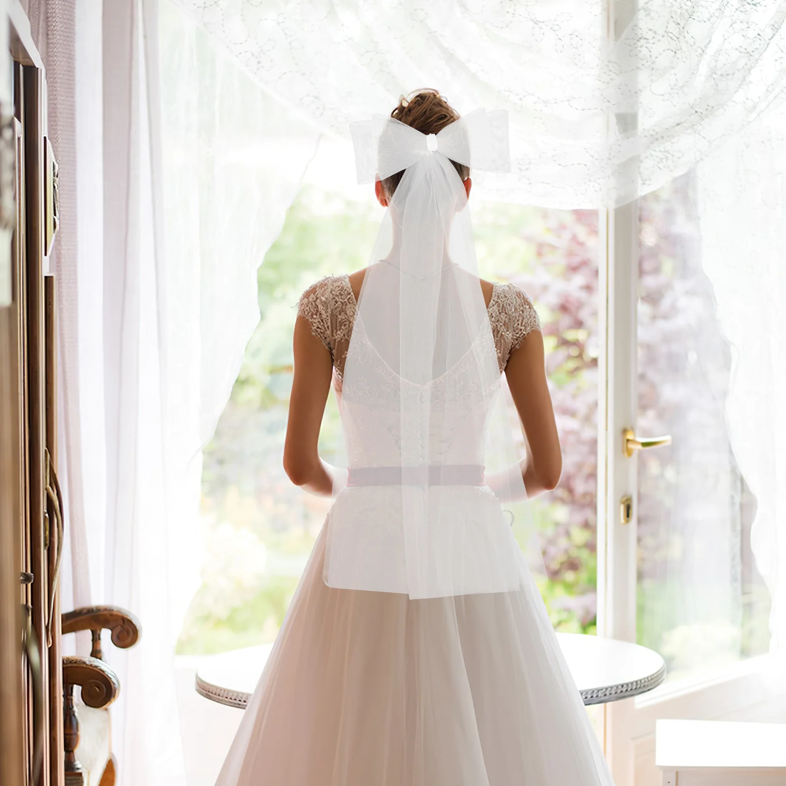 

Mesh Big Bow Bridal Veil Romantic Wedding Accessory Elegant Stretchable Long Veil for Bride Wedding Veils for Brides