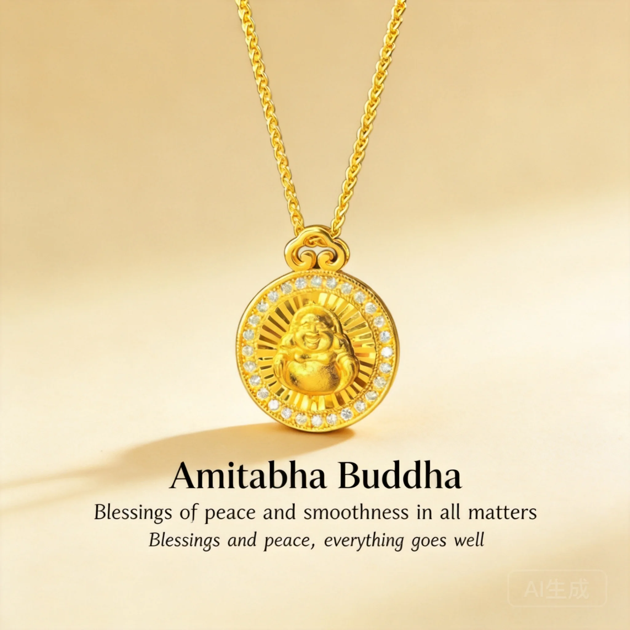Chinese Style Gold Plated Laughing Buddha Lucky Pendant Necklace Inlaid Cz Laser Round Disc Sand Gold Vintage Choker For Blessin