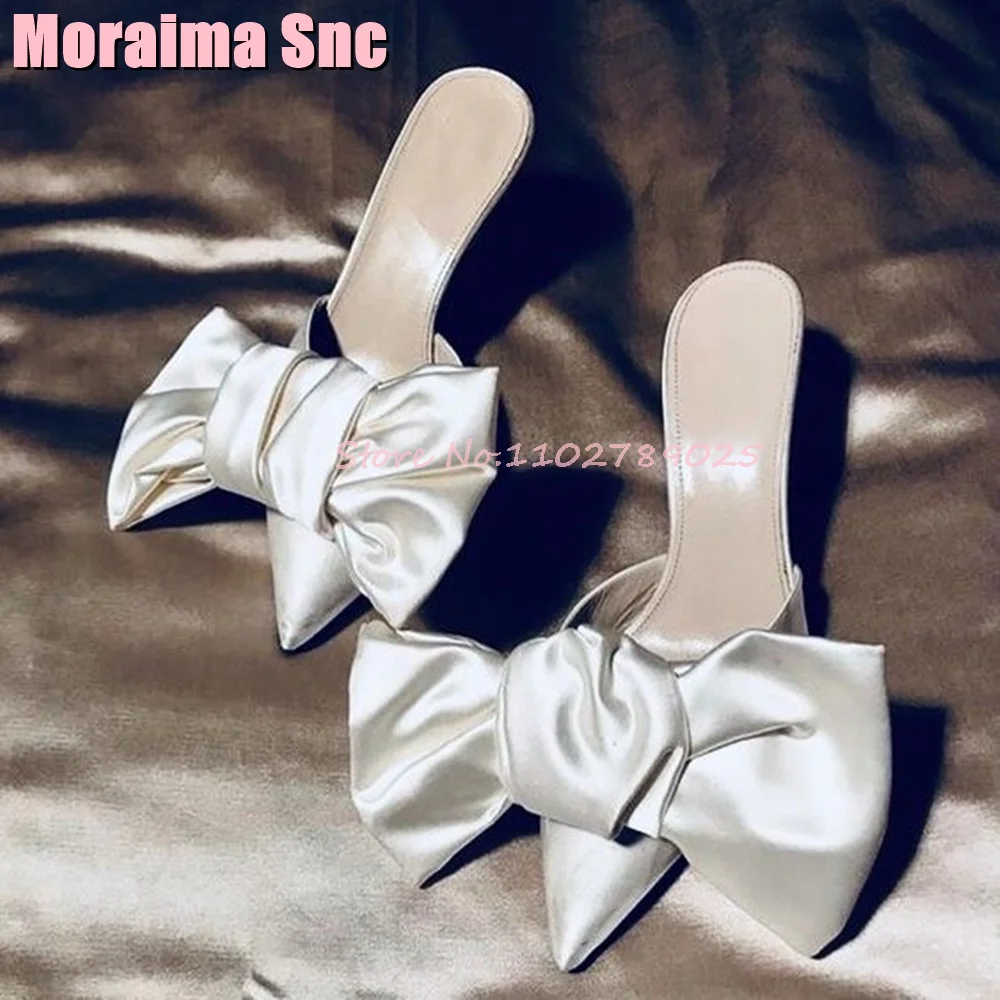 Satin Butterfly-knot Mules Stiletto High Heel Pointed Toe White Solid Sexy Elegant Fashion Women Shoes Slippers Summer 2024 New