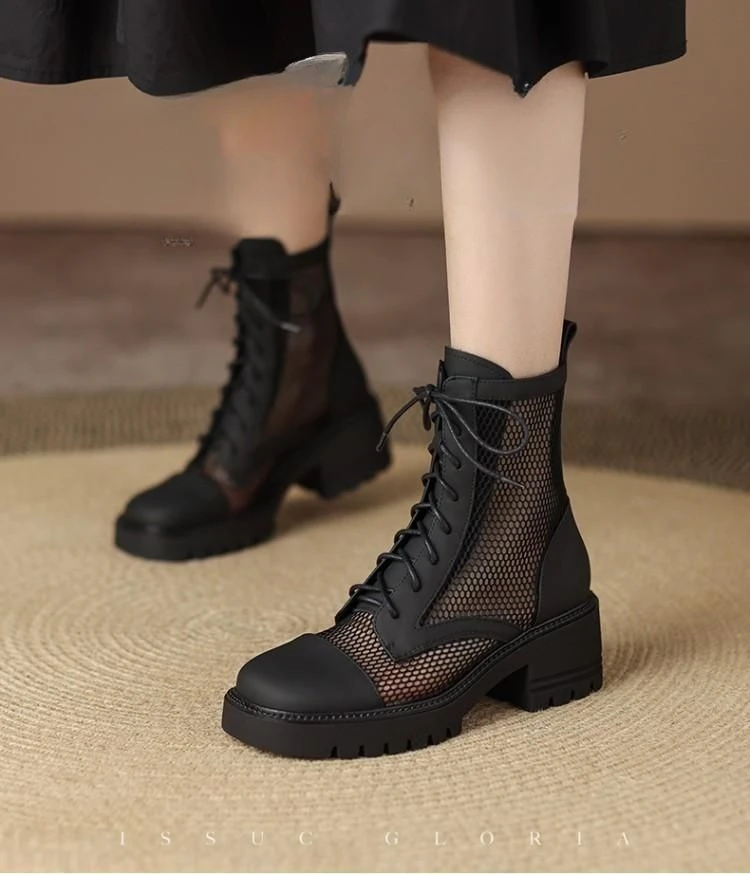 Women's Breathable Leather Mesh Gauze Cool Boots Women Hollowed Out Thick Heel Sandals Platform Ankle Boots