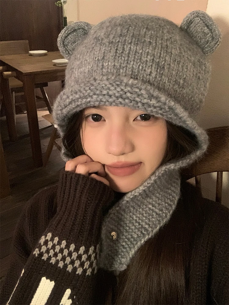 Cute Bear Knitted Woolen Hat Women's Autumn Winter Sweet Large Head Size Face Slimming Warmth Protection Ear Warm Hat