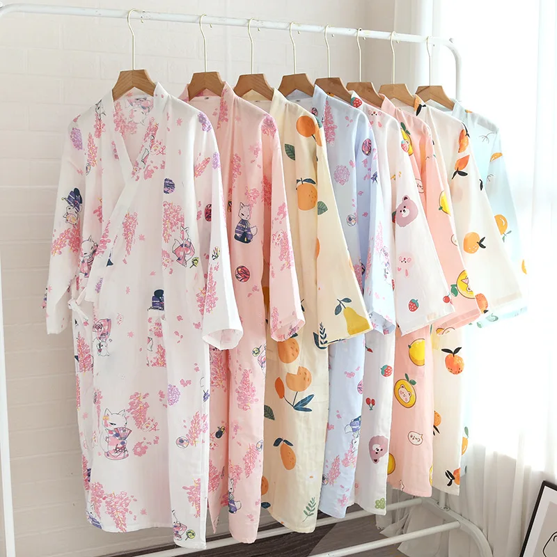 

Japanese Kimono Ladies Bathrobe Nightgown Long Sleeves Summer Autumn Cute Sweat Steam Hot Spring 100% Cotton Sleepwear