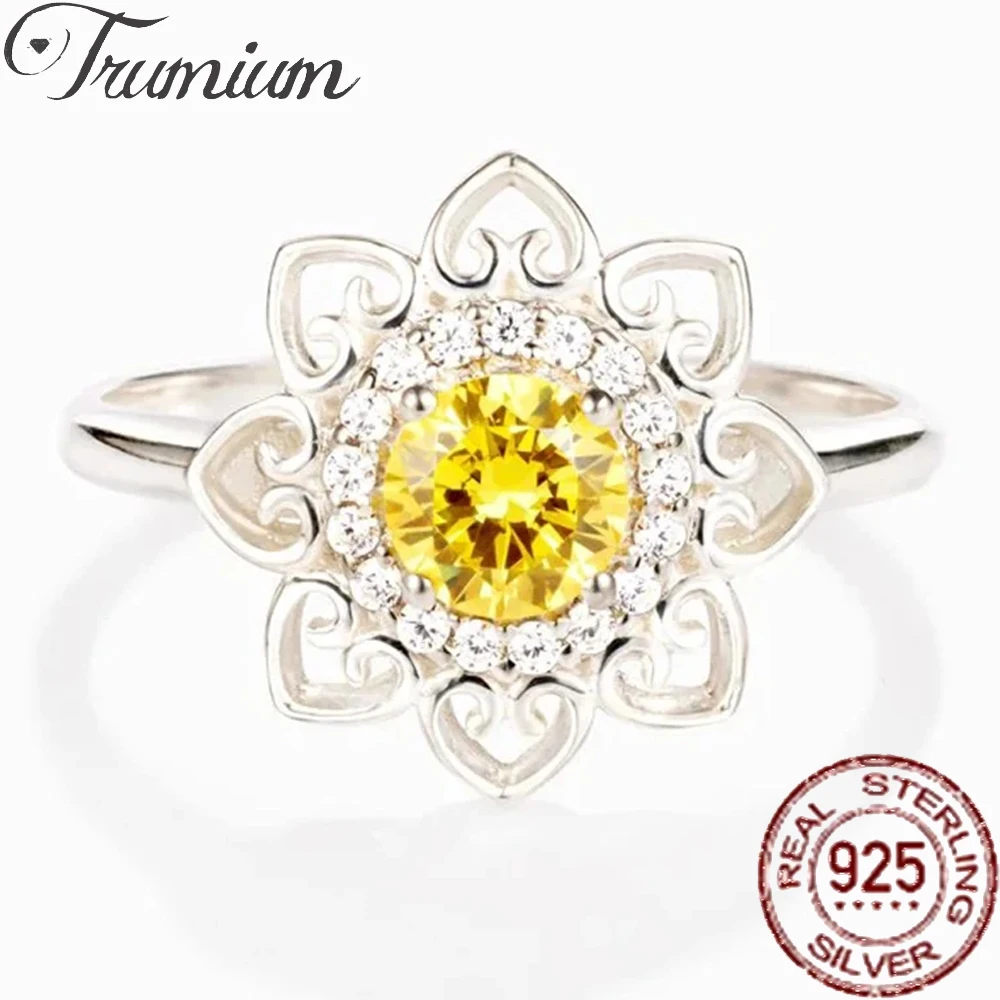 Trumium Original 925 Sterling Silver Yellow CZ Datura SunFlower Rings for Women Engagement Wedding Bands Design Fine Jewelry