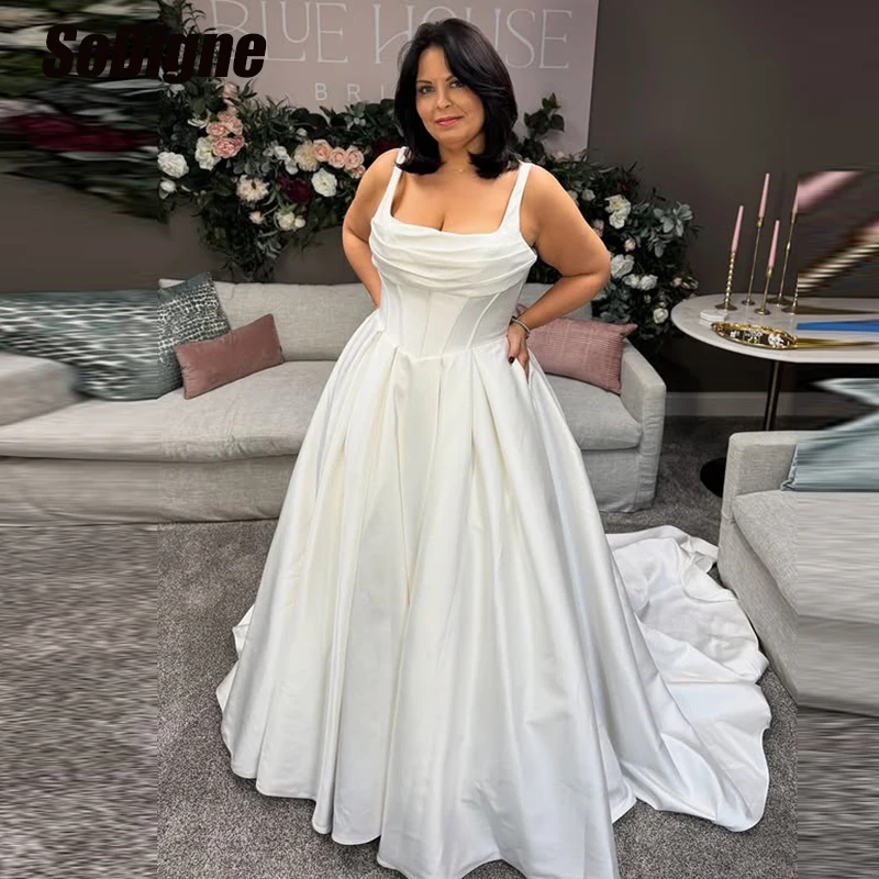 

SoDigne A-line Satin Wedding Dresses Square Collar Sleeveless Bride Dress Long Wedding Gown vestidos de novia Customized