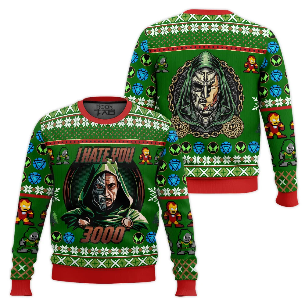 

Dr Doom Iron Man Half Face Fusion Marvel Enemy Christmas Sweater Red Green Humorous Contrast Retro Pixel Style Exaggerated