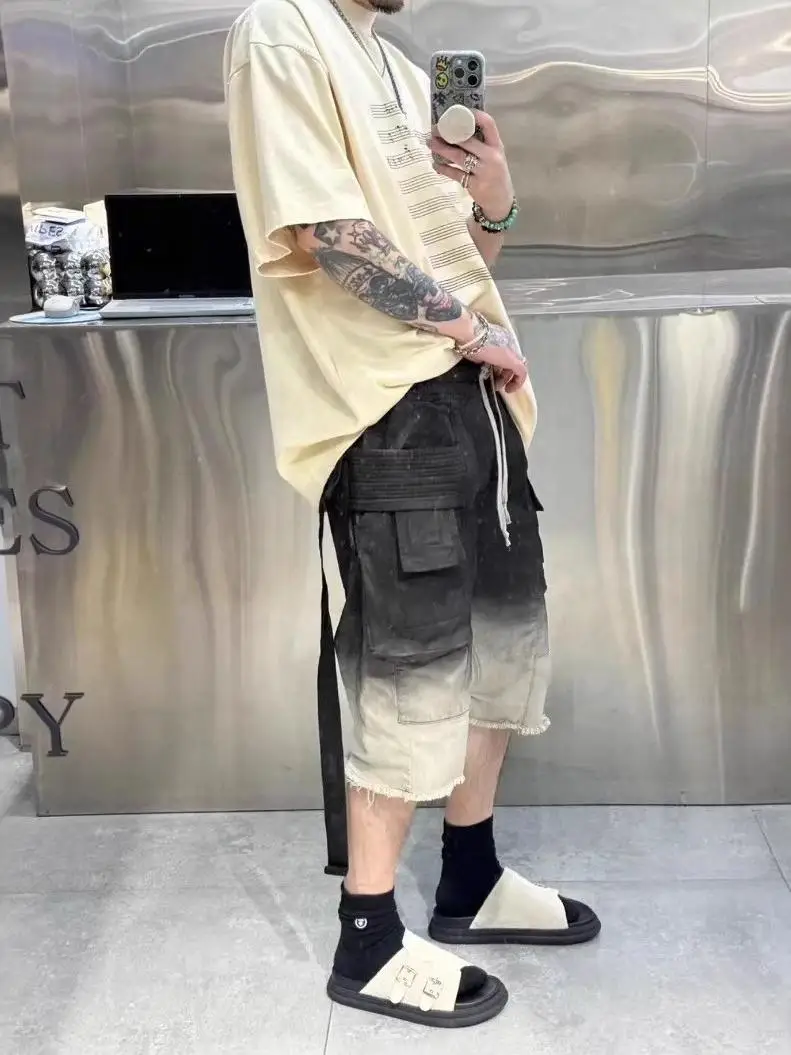 High Street 24SS RO Dark Shorts Men's Gradual Color  Wash Water Loose Double Loop Hanging Shorts Five Quarter Pants Haren Pants