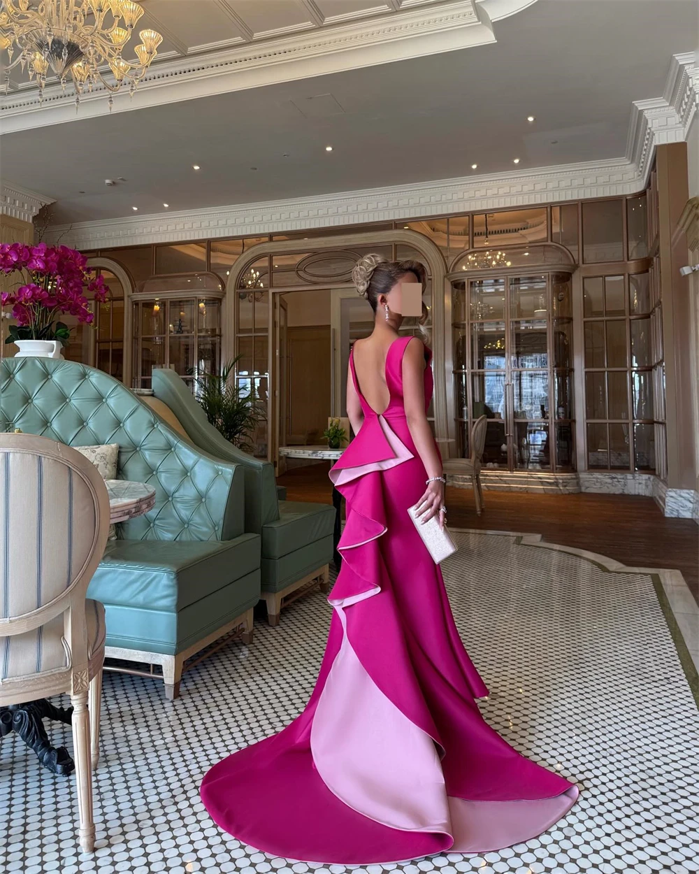 Jersey clásico personalizado con cuello redondo y hombros descubiertos, sin mangas, sirena hasta el tobillo, tren con paneles, vestidos para ocasiones especiales fruncidos