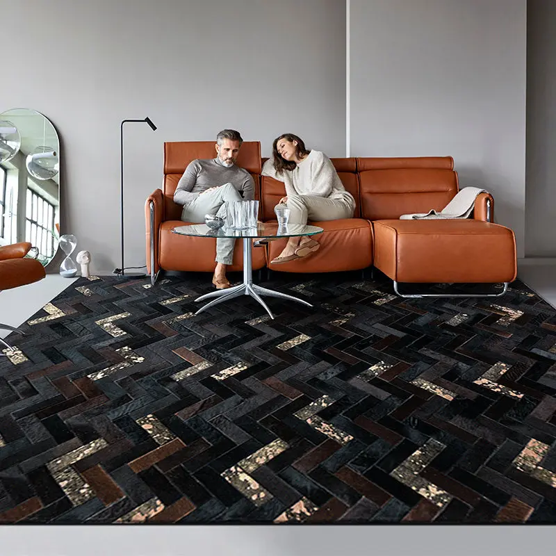 Hot Stamping Real Cowhide Carpet Black Modern High-end Living Room Carpet Rug Customize Handmade Bedroom Rug Coffee Table Mat
