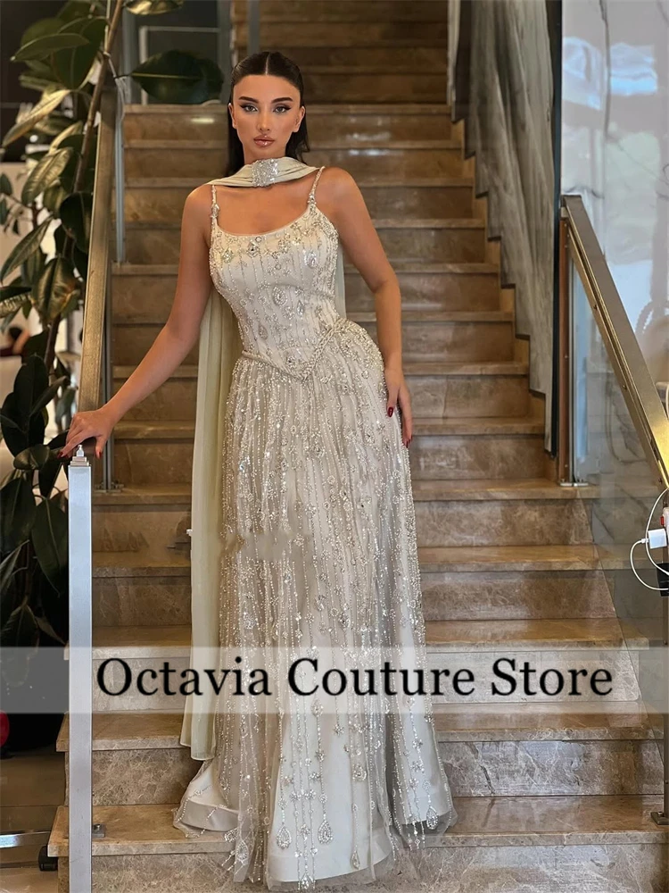 

Customized Charmeuse Sequined Sparkle Spaghetti Strap A-line Long Dresses Bespoke Occasion Women Luxury Evening Party Gown