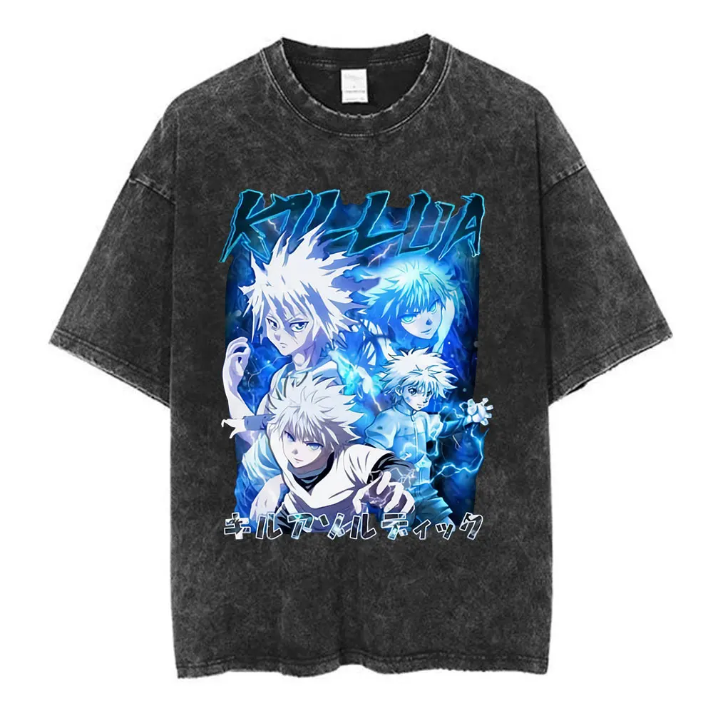 Anime Hunter X Hunter Logo Vintage Washed T Shirt Killua Gon Cherry Blossom Graphic T-shirt Men Fashion Casual Oversized Tshirt image 5