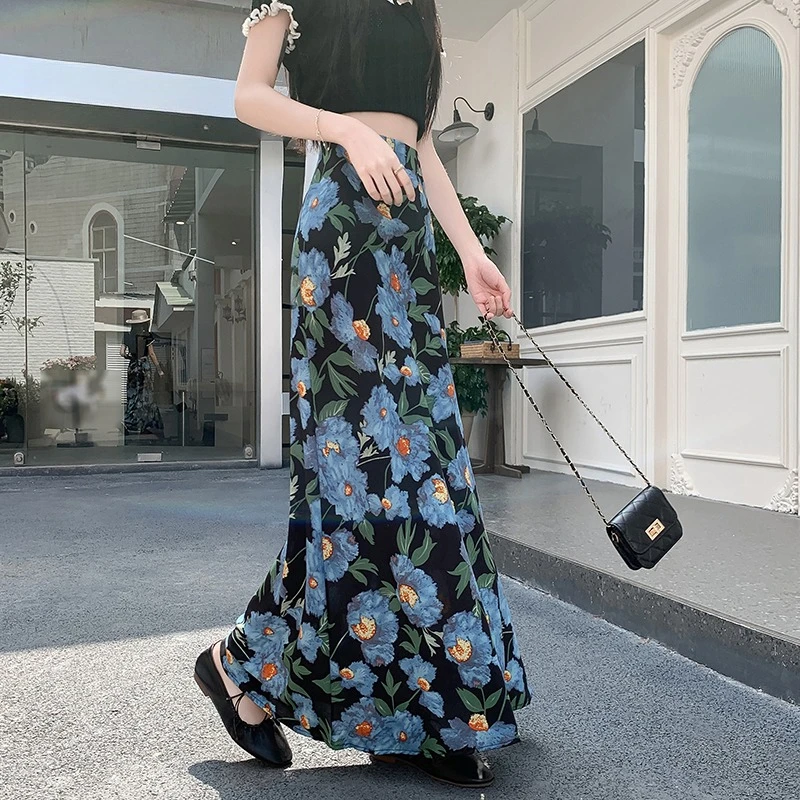Floral Print Chiffon Split Mermaid Skirts Women High Waist Split Hem Long Maxi Skirt Bohemian Holiday Beach Summer