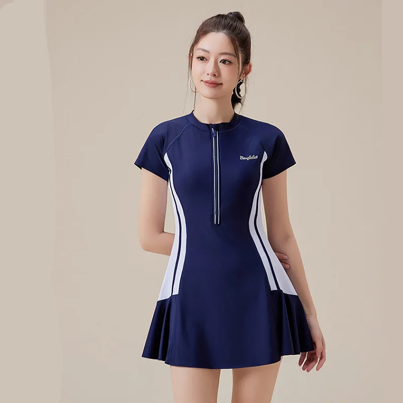 

Купальник-двойка женский с коротким рукавом, защита от УФ-излучения, платье-купальник с шортами, пляжная юбка, спортивная одежда