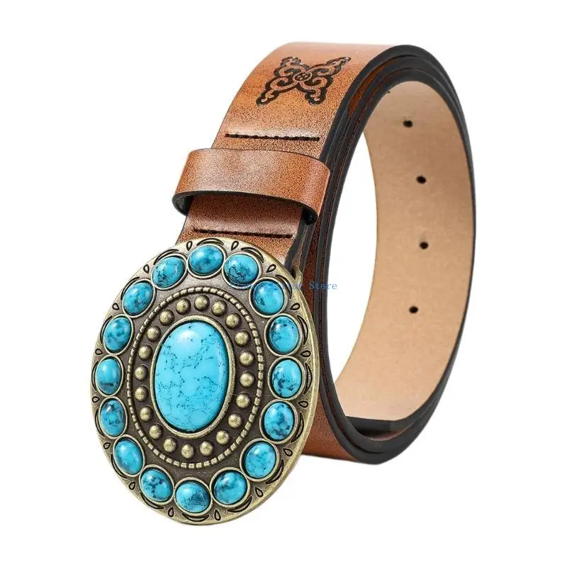 

652B Fashion Enthusiasts PU Belt for Pant Female Waist Belt with Gemstones Buckle