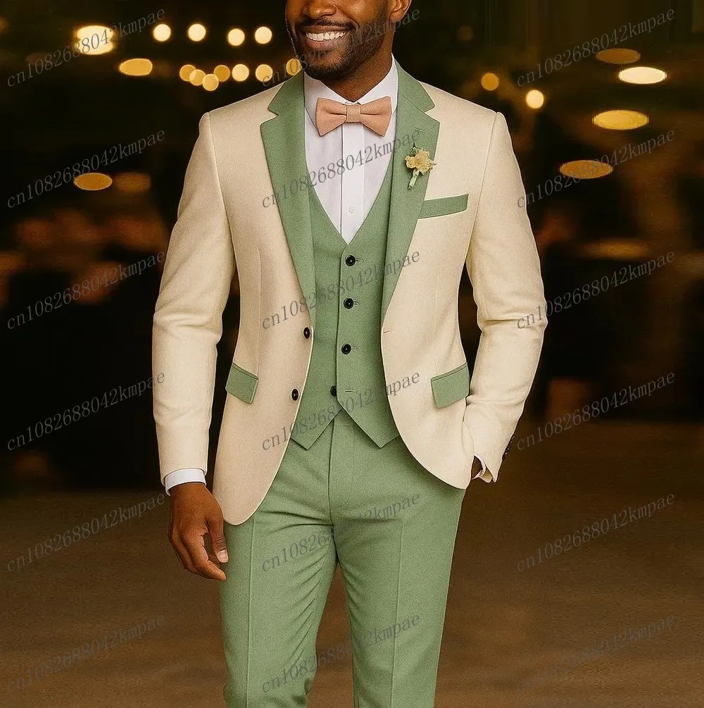 

White And Mint Green Men Suit Formal Occasion Groom Groomsman Wedding Party Prom Male Tuxedos 3 Piece Set Blazer Vest Pants
