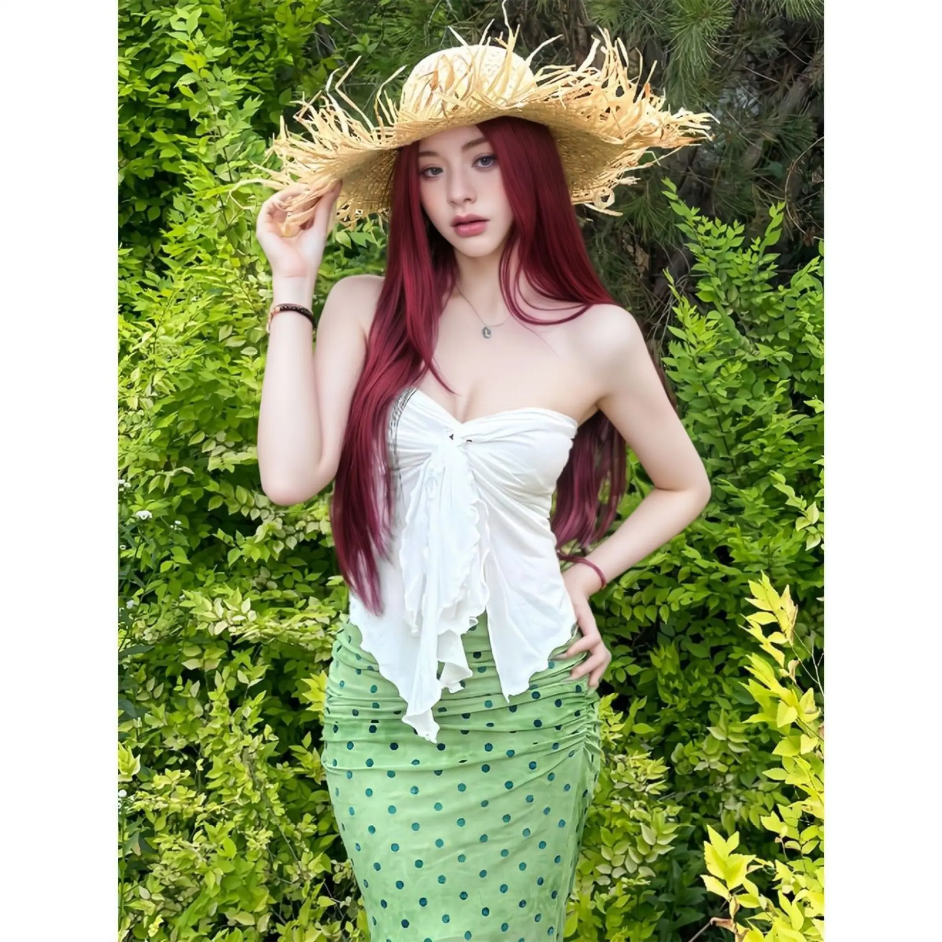 

2026 New Vacation Style Polka Dot Bodycon Dress Tube Top Camisole Women Summer 2 Piece Set Sexy Stylish Outfits