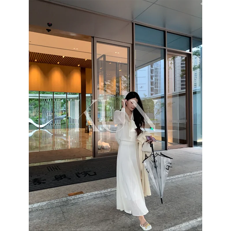 

Модный белый длинный свитер с поясом, универсальный комплект KUN Moonlight Accanng Melody, женская осенняя одежда