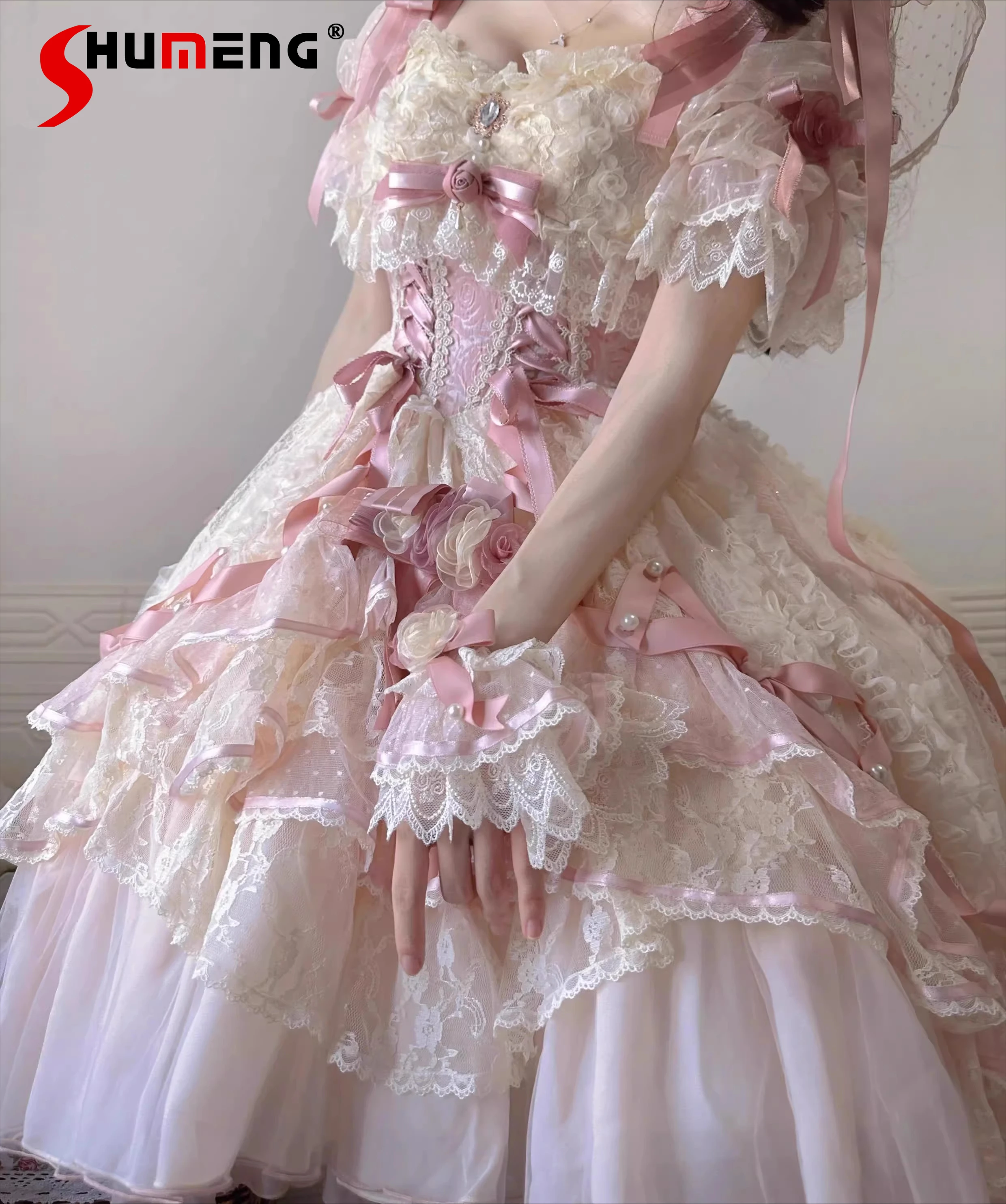

Pink Princess Style Tea Party Lolita Suspender Dress Summer Sweet Flower Wedding Elegant Dress Women's High Waist Slim Dress