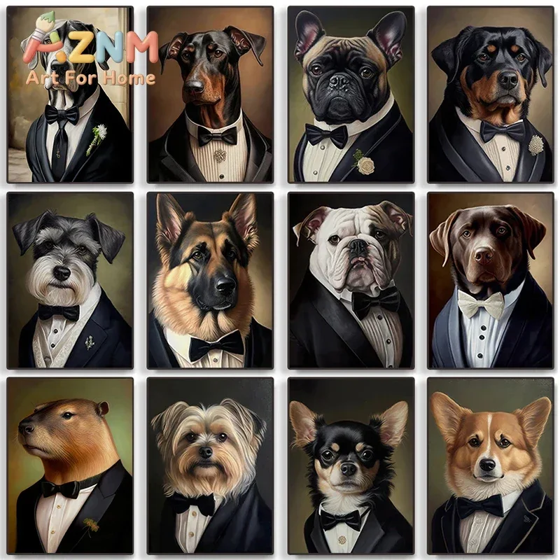 Retro Rottweiler Husky Shepherd Bulldog Yorkshire Dachshund A dog in A Tuxedo Canvas Painting Wall Art Pictures Home Room Decor